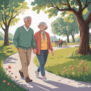 Illustration of older couple walking outdoors