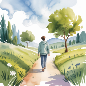 Person walking through calm countryside